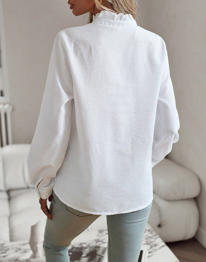 Women's Blouse - Textured Fabric - Ruffled Neckline - Button-Down - Long Sleeve Elegant
