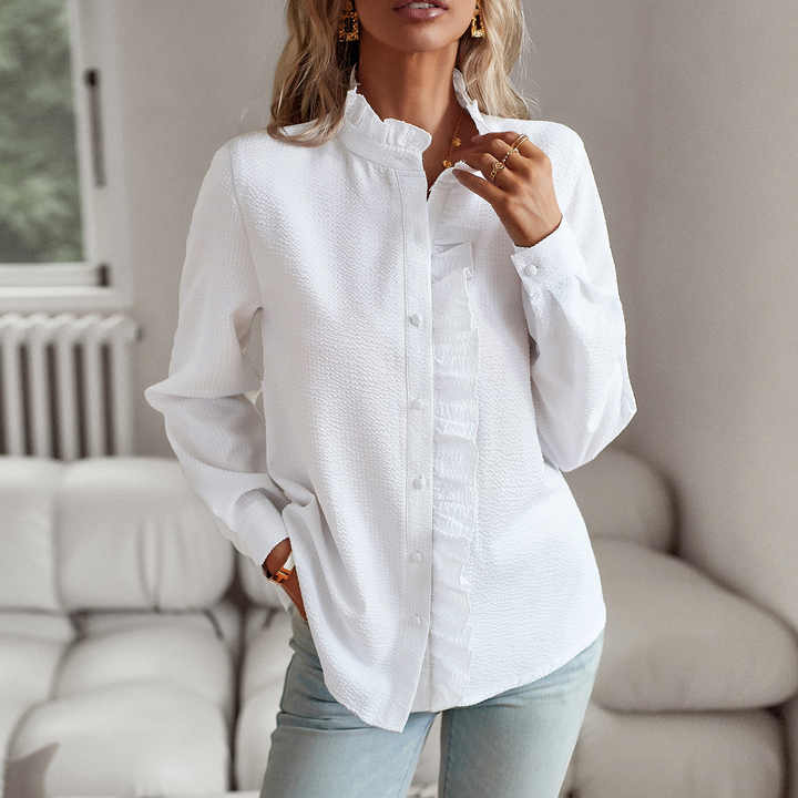 Women's Blouse - Textured Fabric - Ruffled Neckline - Button-Down - Long Sleeve Elegant