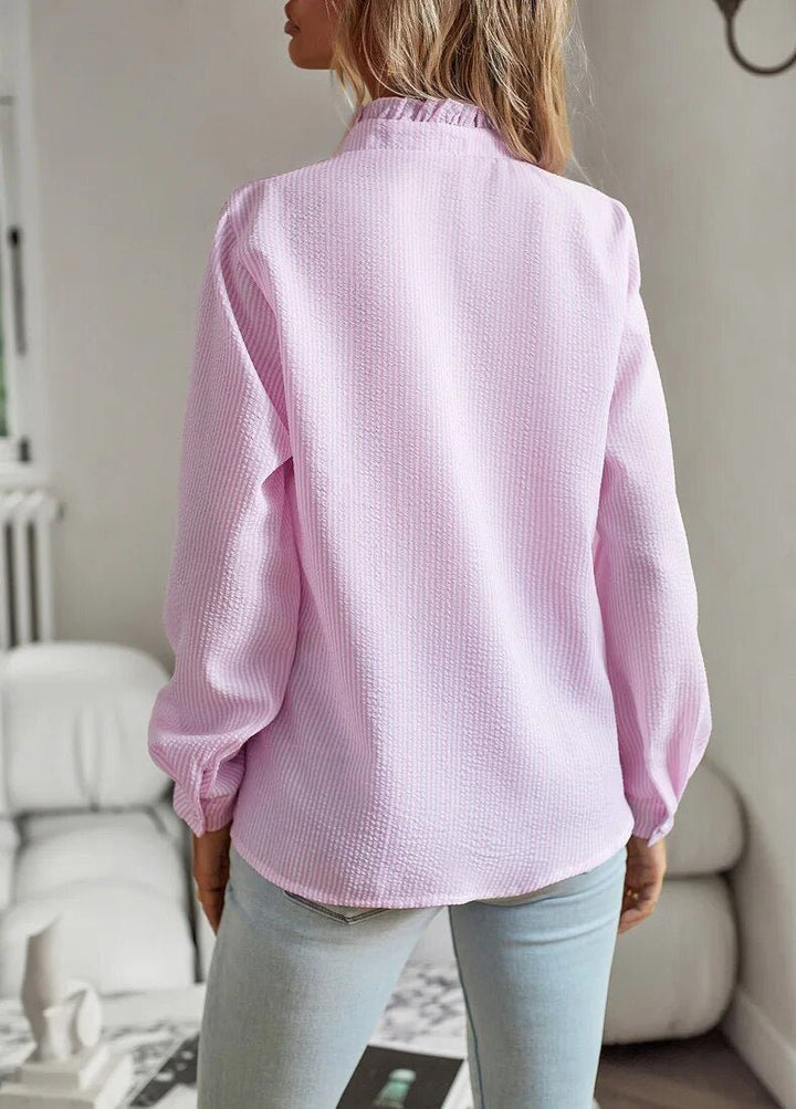Women's Blouse - Textured Fabric - Ruffled Neckline - Button-Down - Long Sleeve Elegant