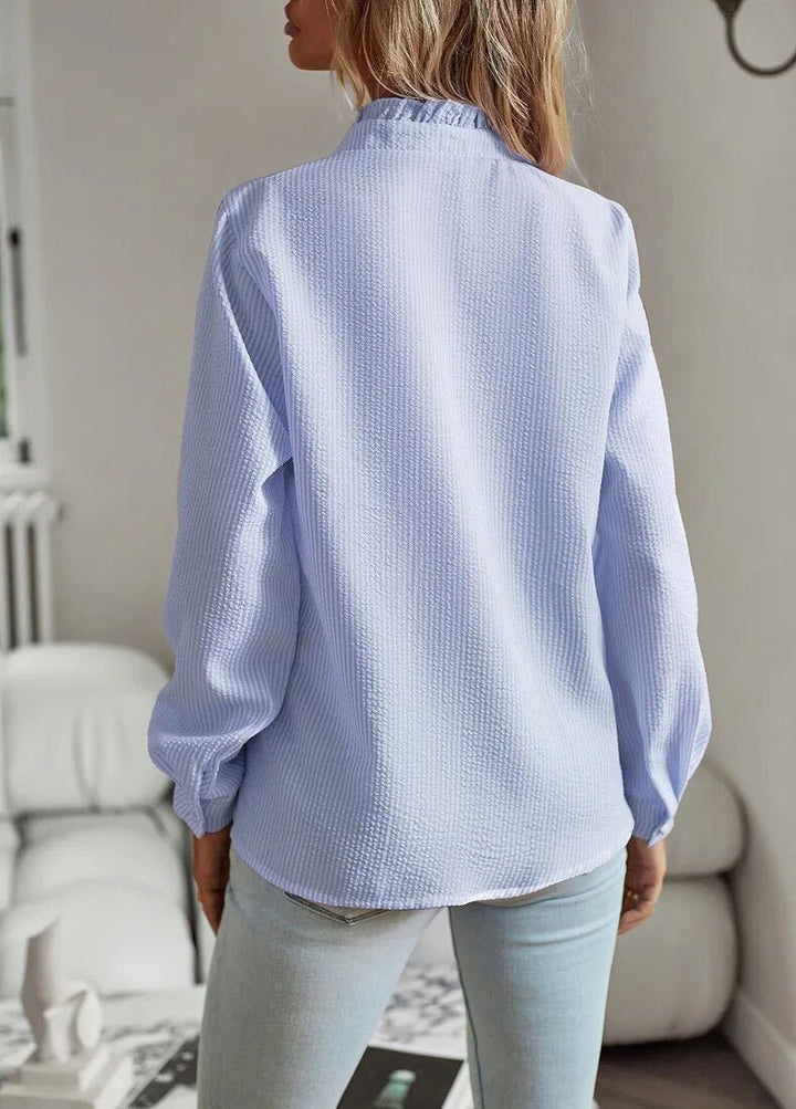 Women's Blouse - Textured Fabric - Ruffled Neckline - Button-Down - Long Sleeve Elegant