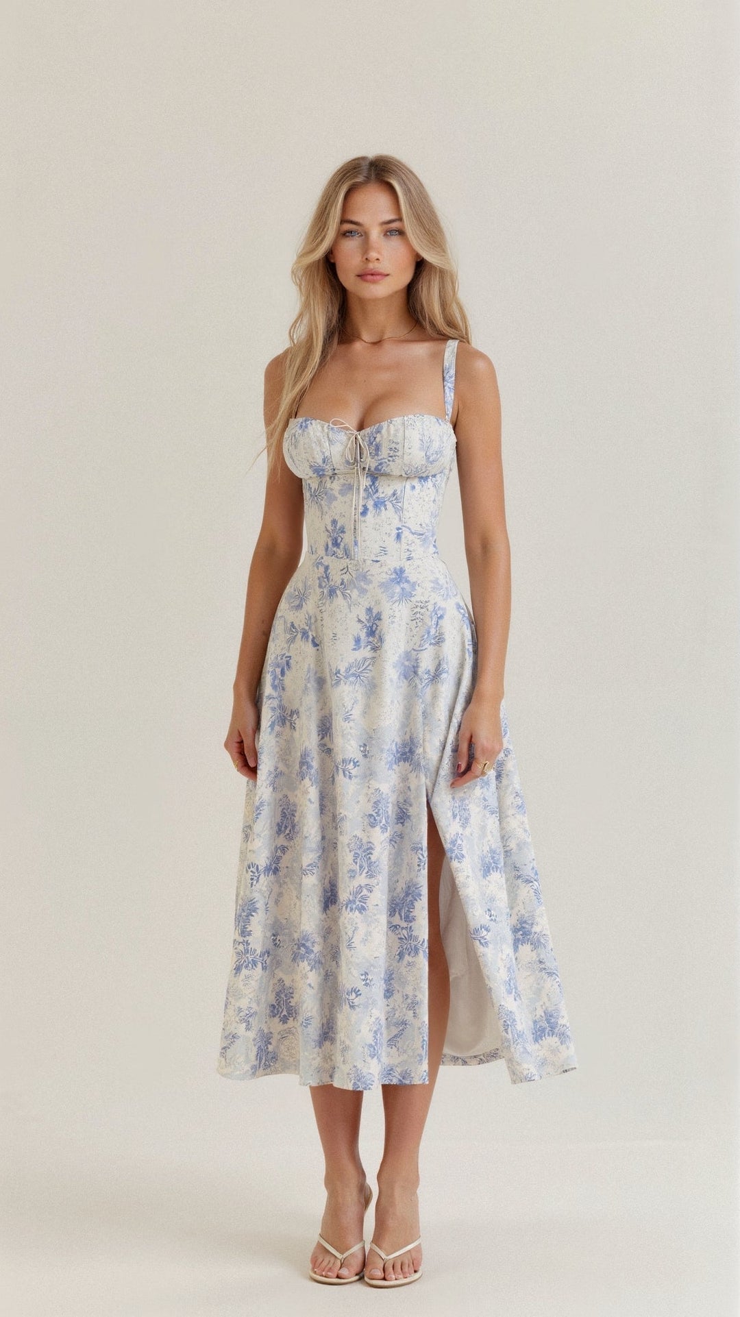 Women's Midi Dress - Floral Print - Sweetheart Neckline - Fitted Bodice - Side Slit