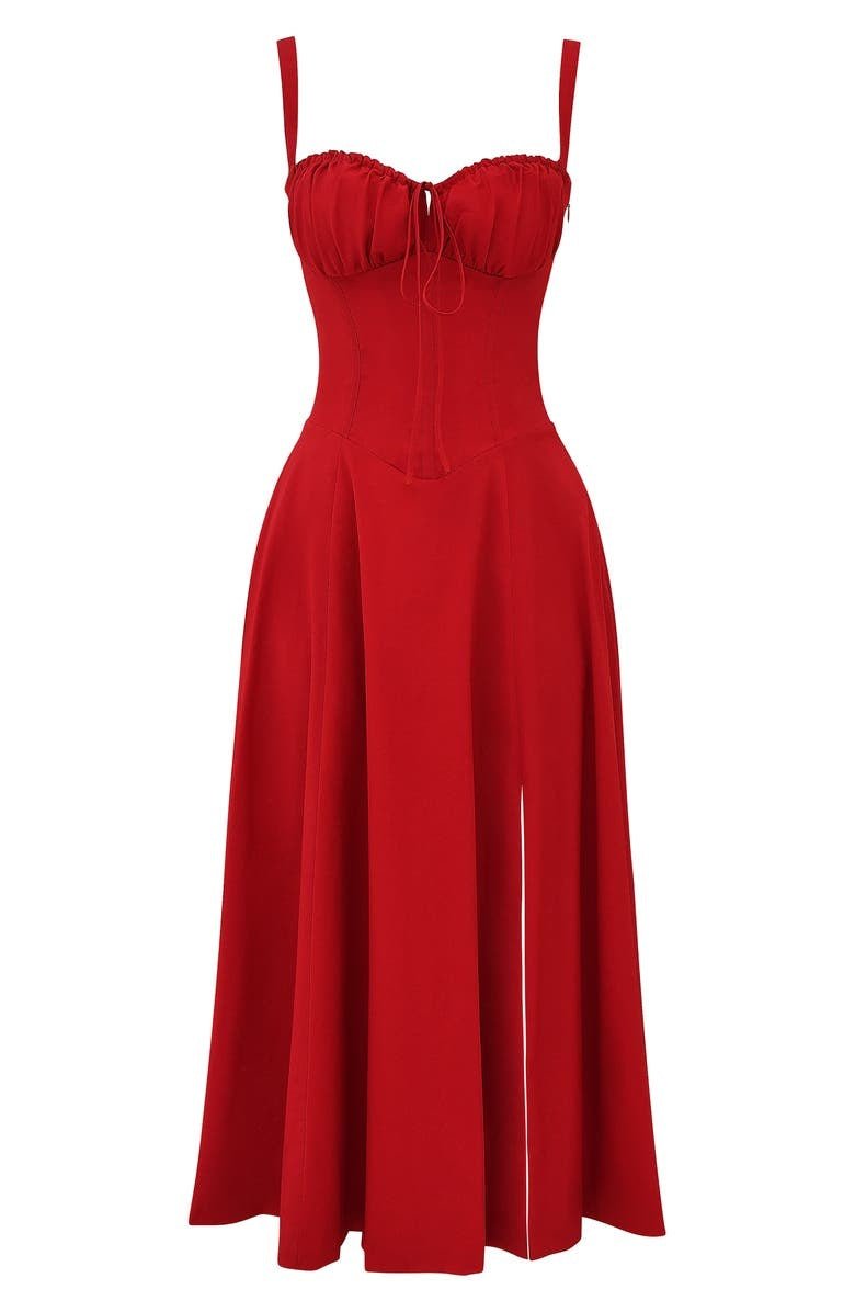 Women's Midi Dress - Floral Print - Sweetheart Neckline - Fitted Bodice - Side Slit