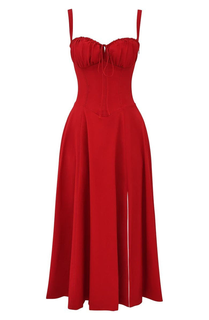 Women's Midi Dress - Floral Print - Sweetheart Neckline - Fitted Bodice - Side Slit