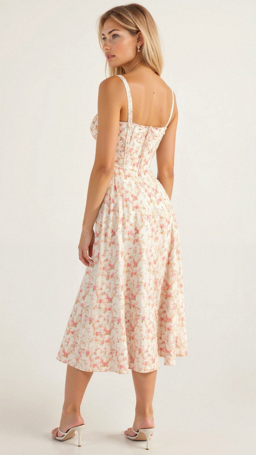 Women's Midi Dress - Floral Print - Sweetheart Neckline - Fitted Bodice - Side Slit