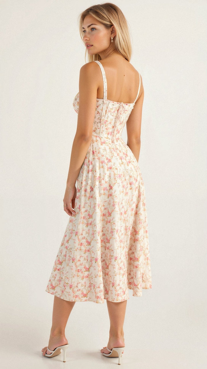 Women's Midi Dress - Floral Print - Sweetheart Neckline - Fitted Bodice - Side Slit