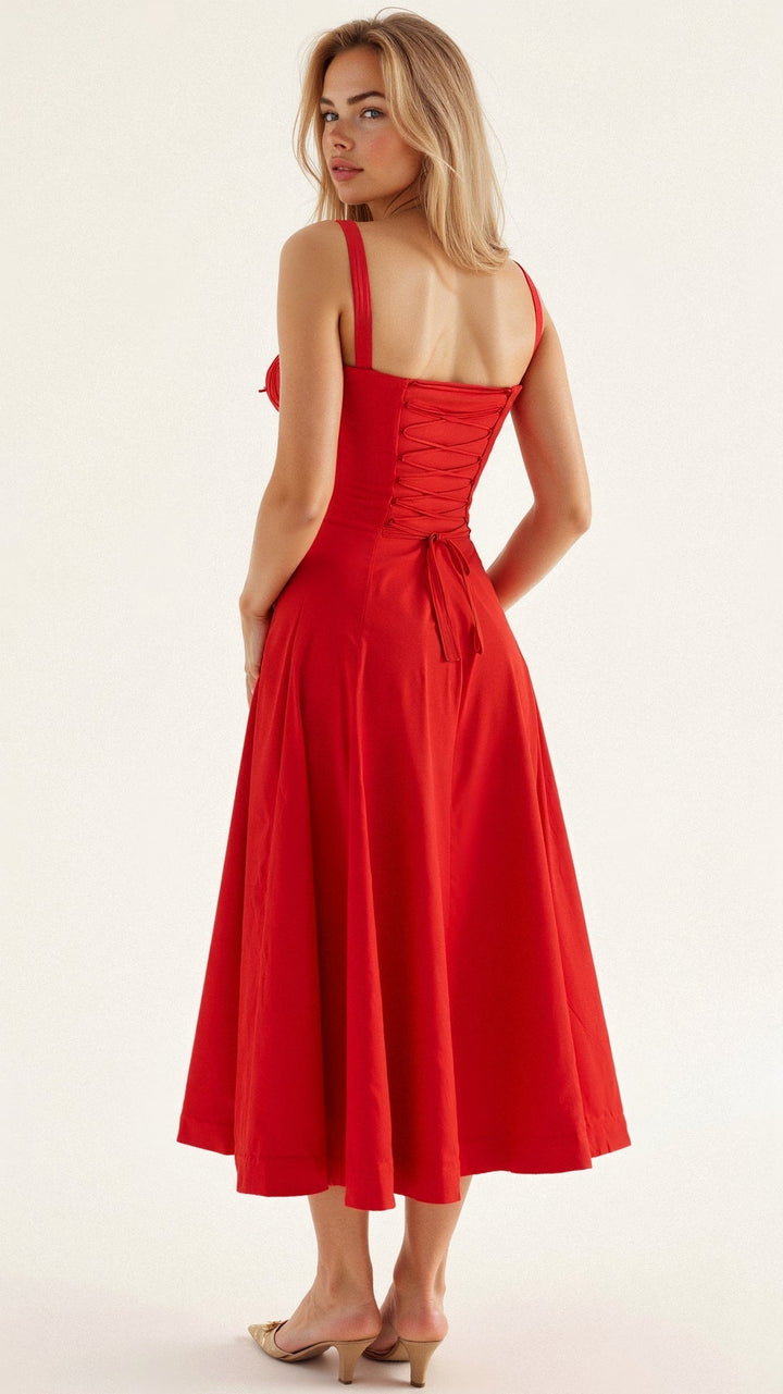 Women's Midi Dress - Floral Print - Sweetheart Neckline - Fitted Bodice - Side Slit