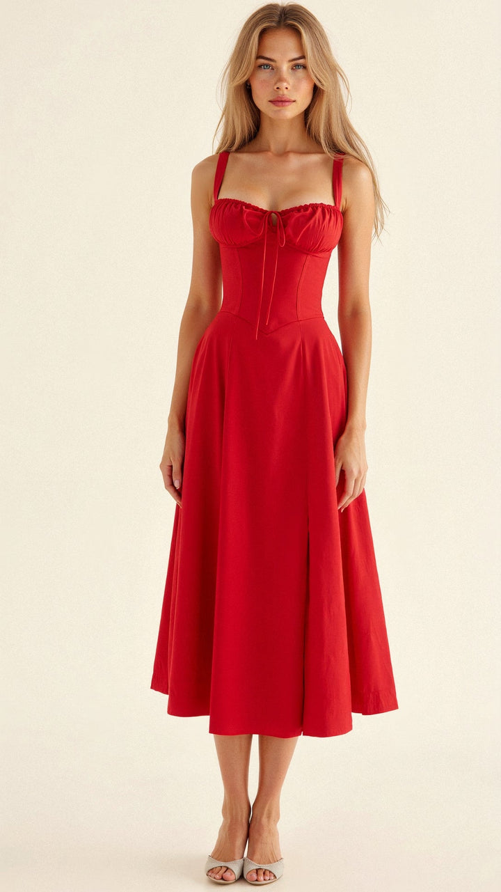 Women's Midi Dress - Floral Print - Sweetheart Neckline - Fitted Bodice - Side Slit