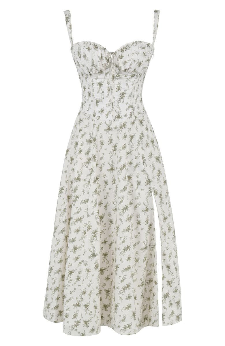 Women's Midi Dress - Floral Print - Sweetheart Neckline - Fitted Bodice - Side Slit