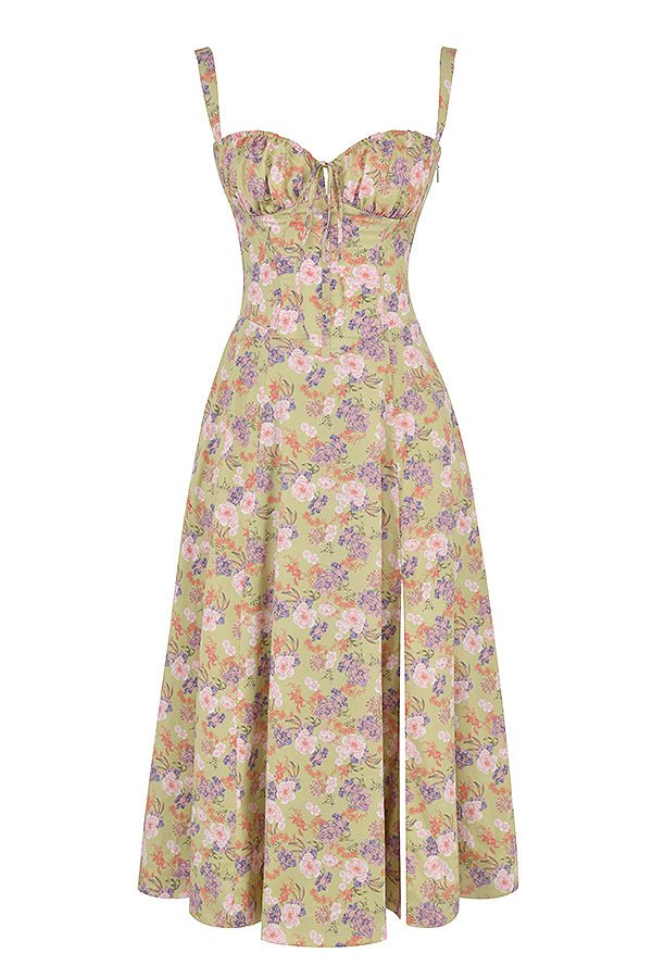 Women's Midi Dress - Floral Print - Sweetheart Neckline - Fitted Bodice - Side Slit