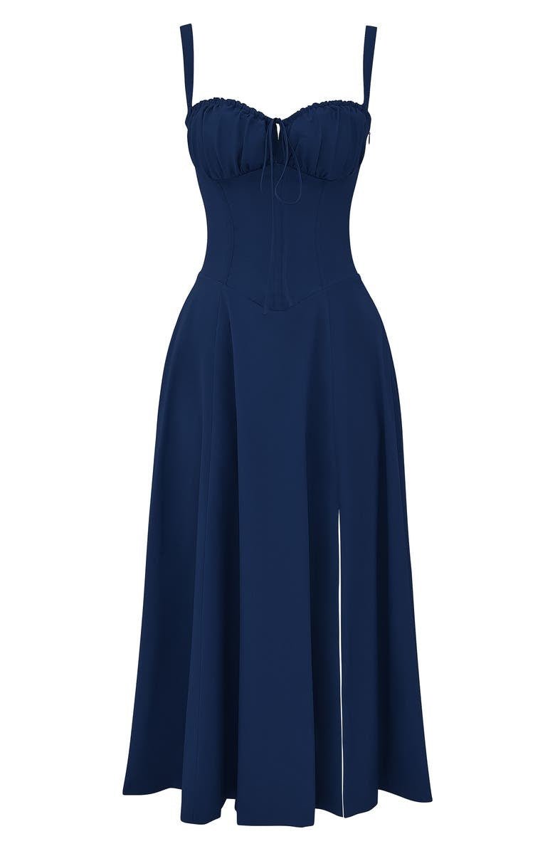Women's Midi Dress - Floral Print - Sweetheart Neckline - Fitted Bodice - Side Slit