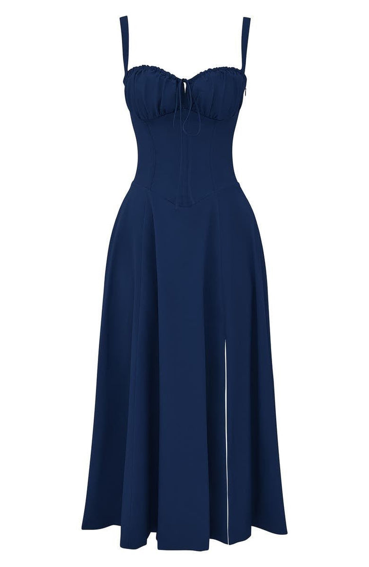 Women's Midi Dress - Floral Print - Sweetheart Neckline - Fitted Bodice - Side Slit