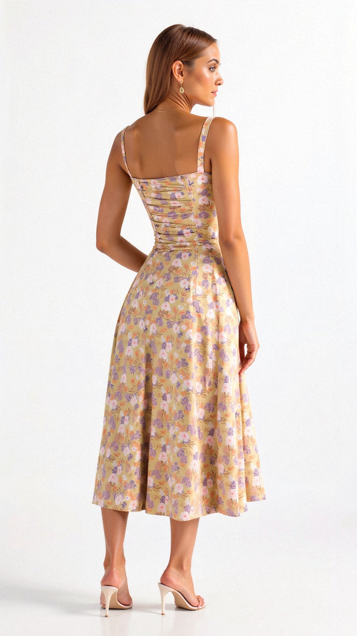Women's Midi Dress - Floral Print - Sweetheart Neckline - Fitted Bodice - Side Slit