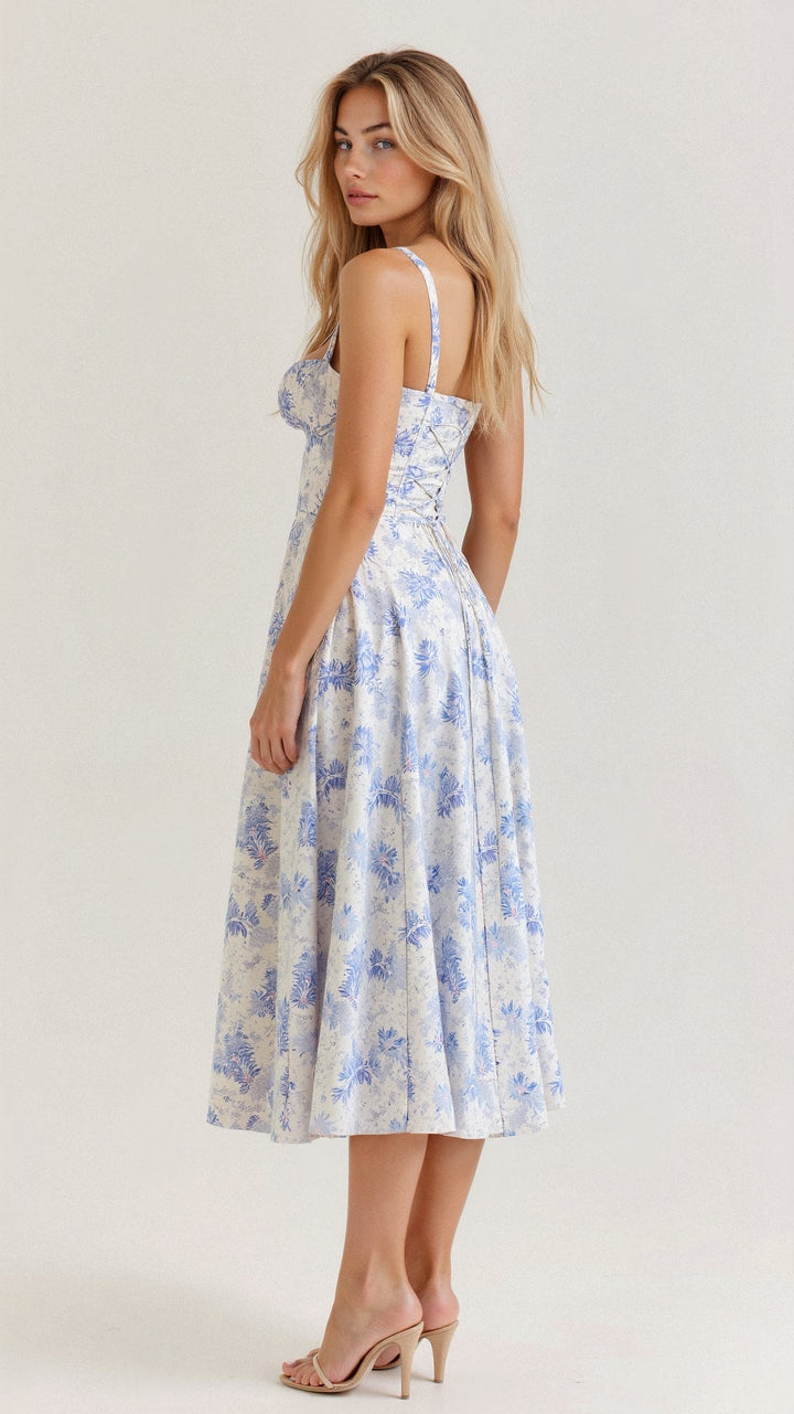 Women's Midi Dress - Floral Print - Sweetheart Neckline - Fitted Bodice - Side Slit