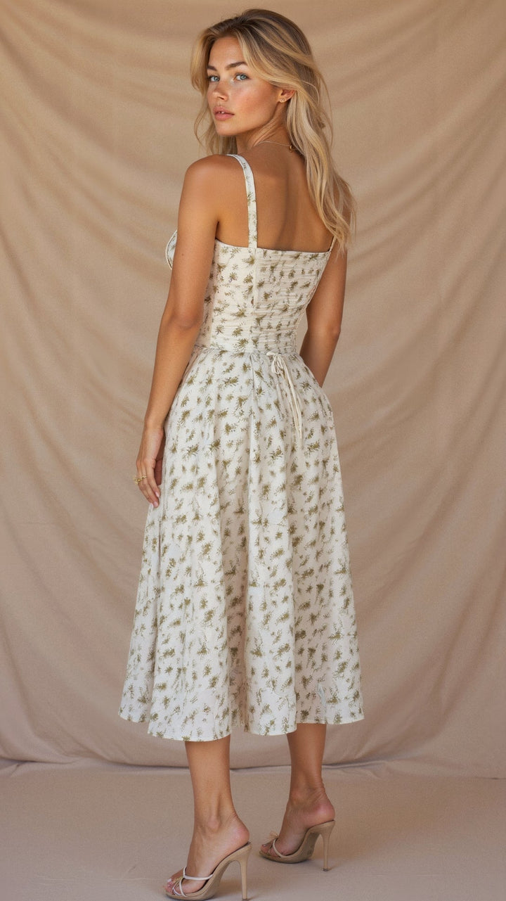 Women's Midi Dress - Floral Print - Sweetheart Neckline - Fitted Bodice - Side Slit