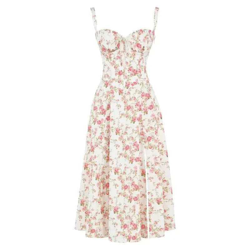 Women's Midi Dress - Floral Print - Sweetheart Neckline - Fitted Bodice - Side Slit