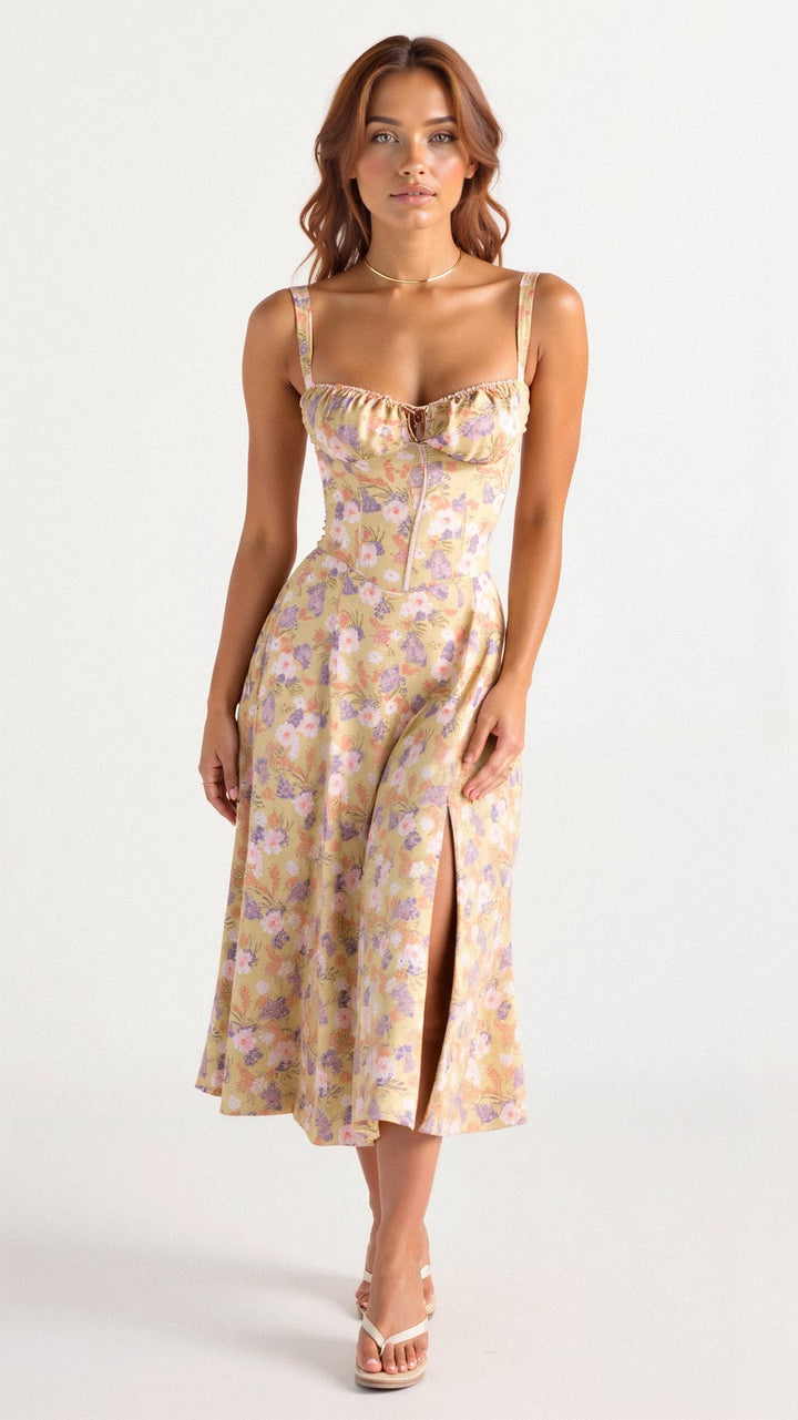 Women's Midi Dress - Floral Print - Sweetheart Neckline - Fitted Bodice - Side Slit