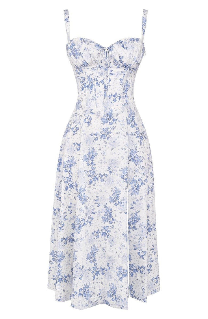 Women's Midi Dress - Floral Print - Sweetheart Neckline - Fitted Bodice - Side Slit