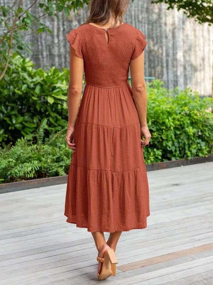 Women's Midi Dress - A-Line Silhouette - Smocked Bodice - Ruffled Short Sleeves - Tiered Skirt