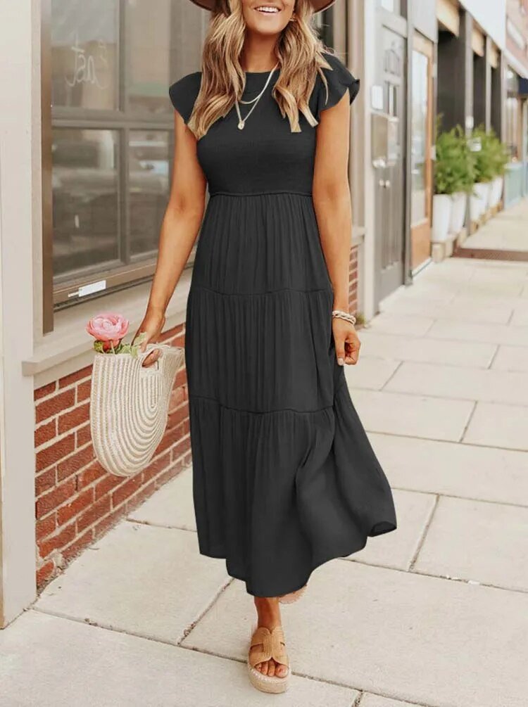 Women's Midi Dress - A-Line Silhouette - Smocked Bodice - Ruffled Short Sleeves - Tiered Skirt