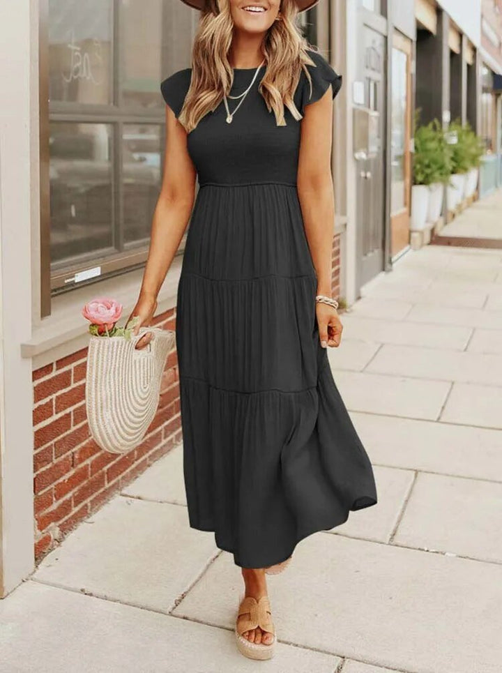 Women's Midi Dress - A-Line Silhouette - Smocked Bodice - Ruffled Short Sleeves - Tiered Skirt