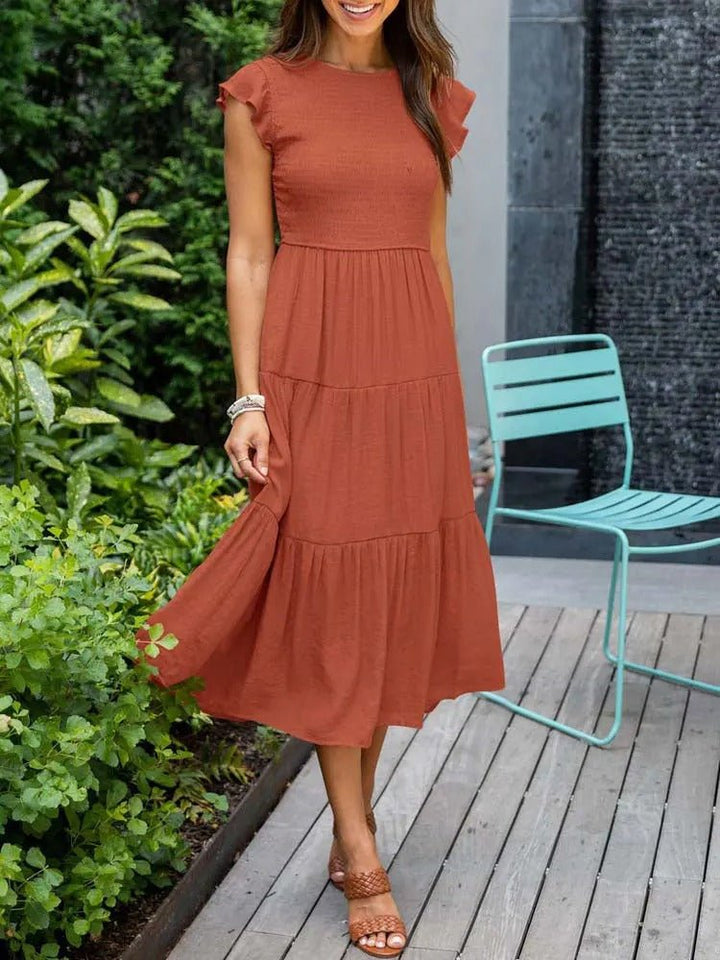 Women's Midi Dress - A-Line Silhouette - Smocked Bodice - Ruffled Short Sleeves - Tiered Skirt