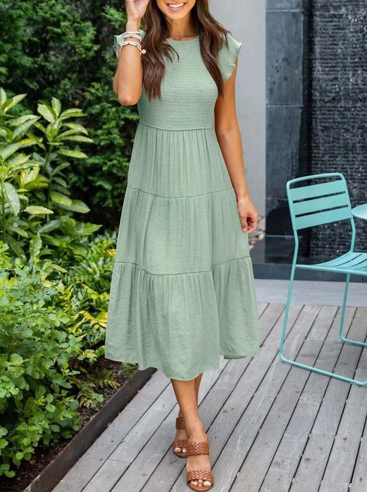 Women's Midi Dress - A-Line Silhouette - Smocked Bodice - Ruffled Short Sleeves - Tiered Skirt