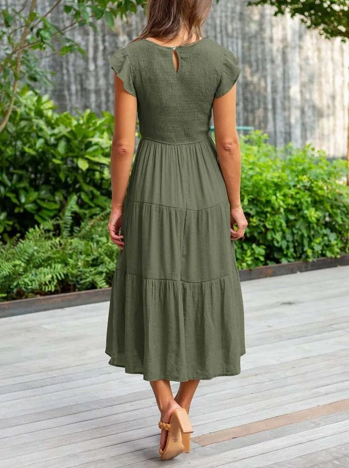 Women's Midi Dress - A-Line Silhouette - Smocked Bodice - Ruffled Short Sleeves - Tiered Skirt
