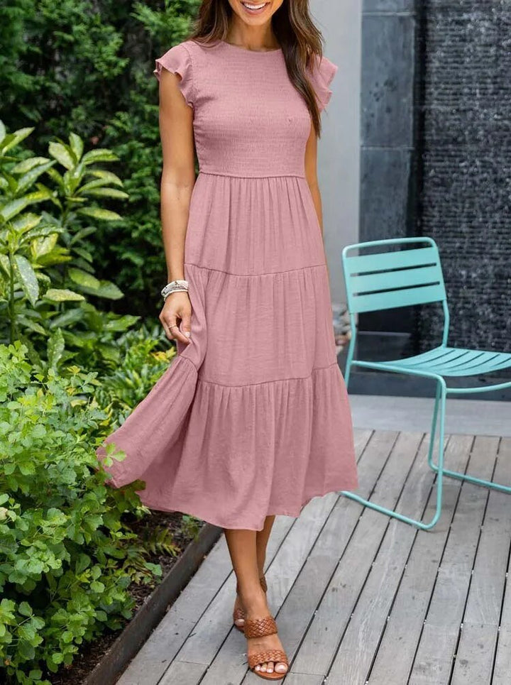 Women's Midi Dress - A-Line Silhouette - Smocked Bodice - Ruffled Short Sleeves - Tiered Skirt