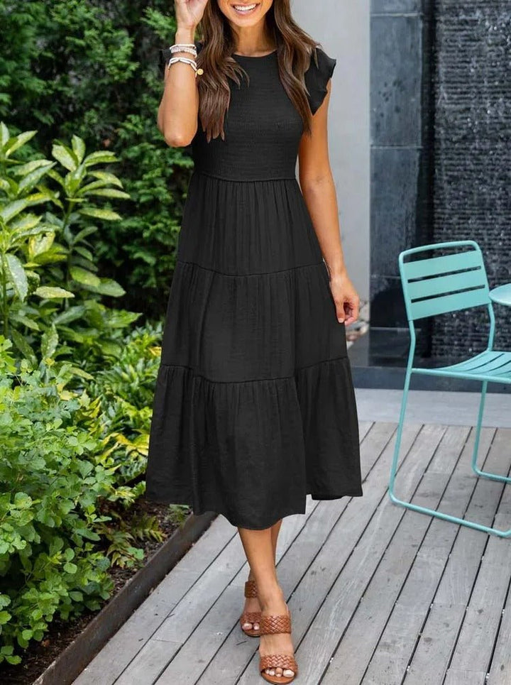 Women's Midi Dress - A-Line Silhouette - Smocked Bodice - Ruffled Short Sleeves - Tiered Skirt