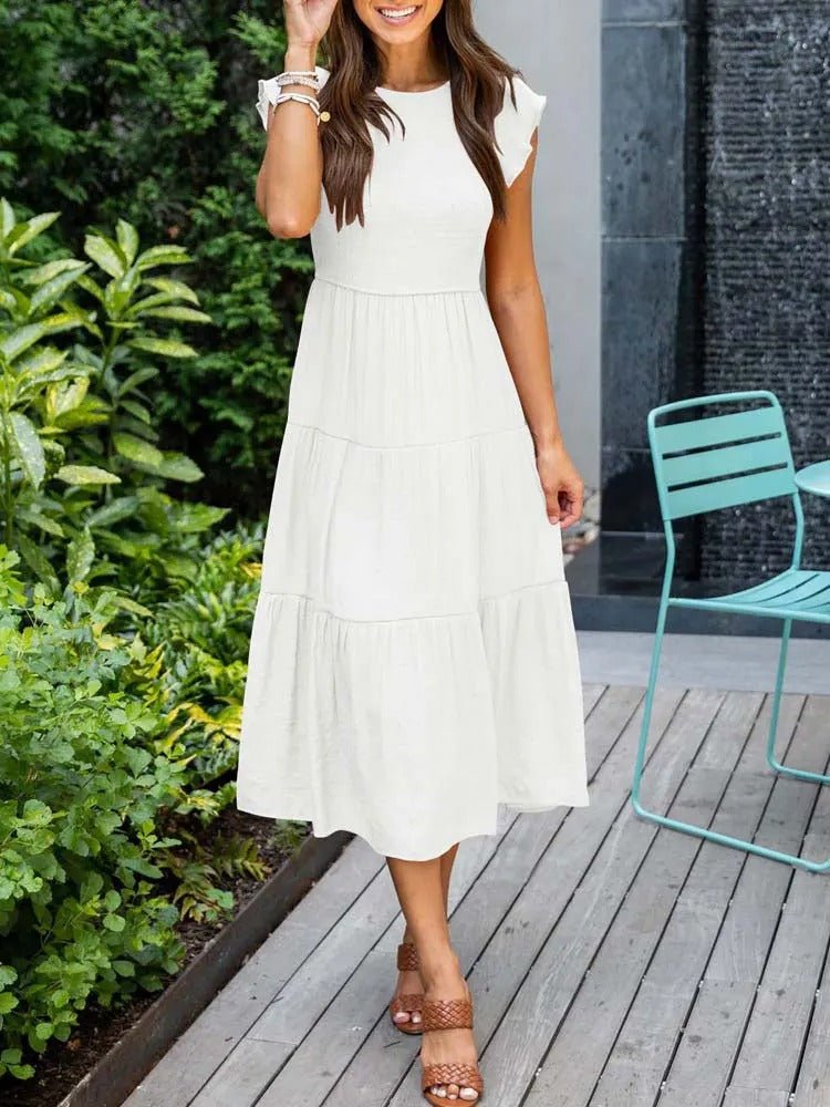 Women's Midi Dress - A-Line Silhouette - Smocked Bodice - Ruffled Short Sleeves - Tiered Skirt