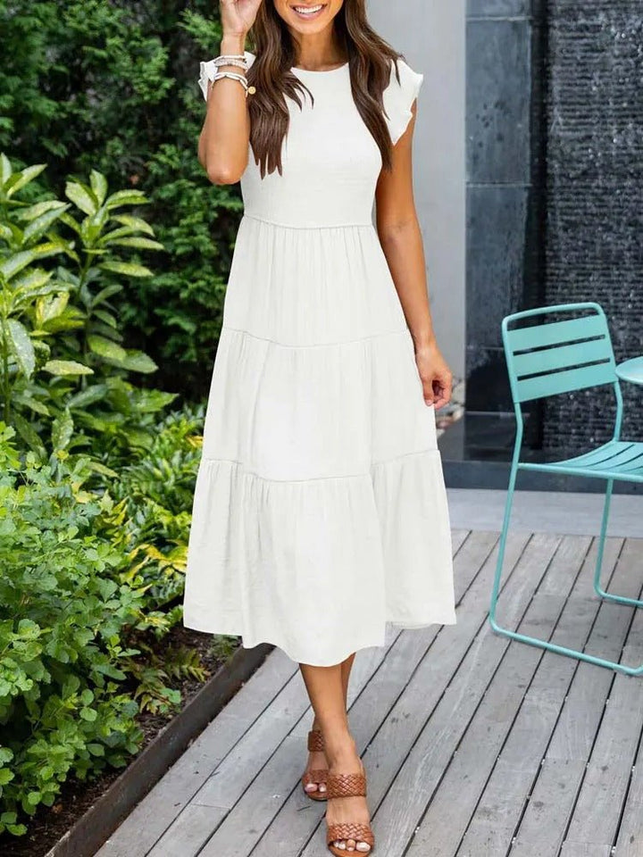 Women's Midi Dress - A-Line Silhouette - Smocked Bodice - Ruffled Short Sleeves - Tiered Skirt
