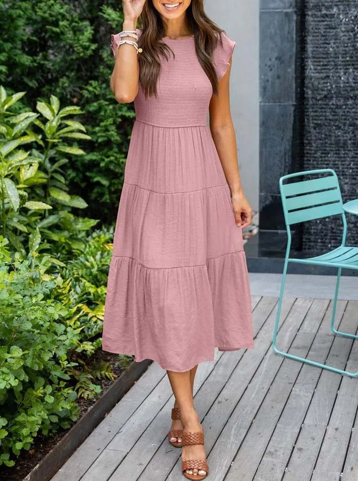 Women's Midi Dress - A-Line Silhouette - Smocked Bodice - Ruffled Short Sleeves - Tiered Skirt