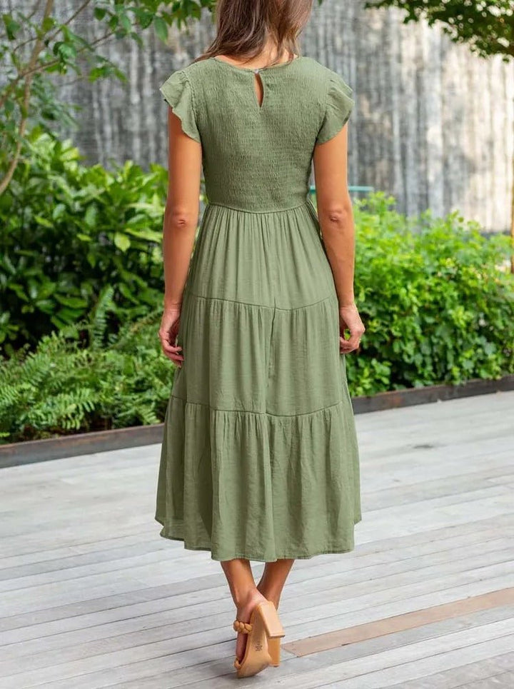 Women's Midi Dress - A-Line Silhouette - Smocked Bodice - Ruffled Short Sleeves - Tiered Skirt