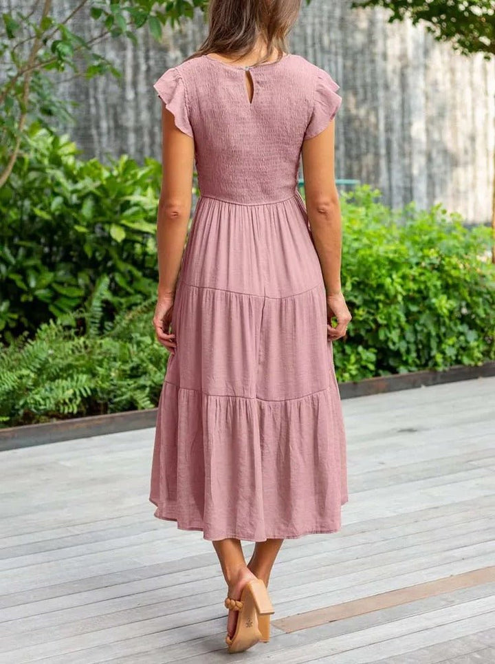 Women's Midi Dress - A-Line Silhouette - Smocked Bodice - Ruffled Short Sleeves - Tiered Skirt