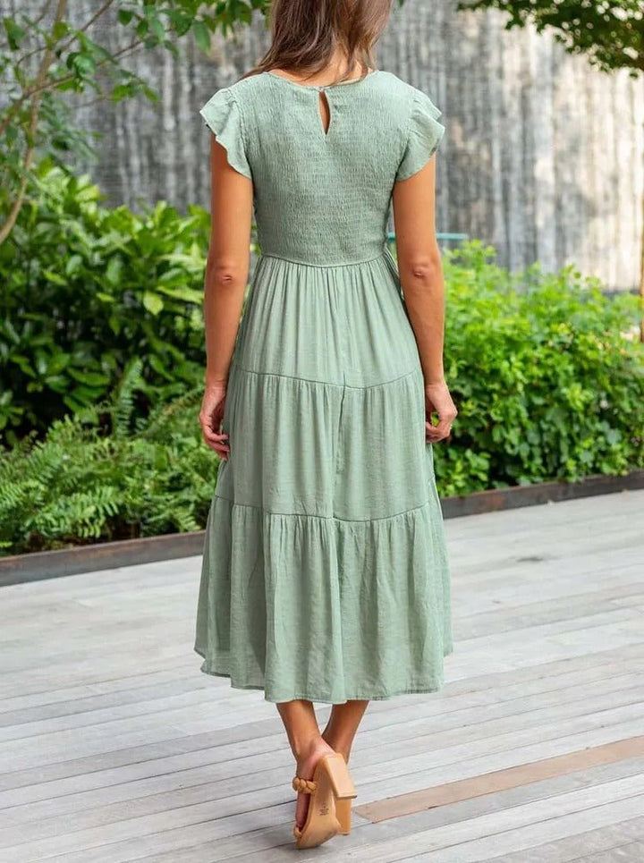 Women's Midi Dress - A-Line Silhouette - Smocked Bodice - Ruffled Short Sleeves - Tiered Skirt