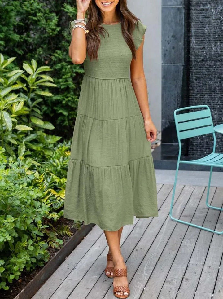 Women's Midi Dress - A-Line Silhouette - Smocked Bodice - Ruffled Short Sleeves - Tiered Skirt