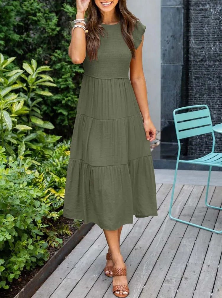 Women's Midi Dress - A-Line Silhouette - Smocked Bodice - Ruffled Short Sleeves - Tiered Skirt