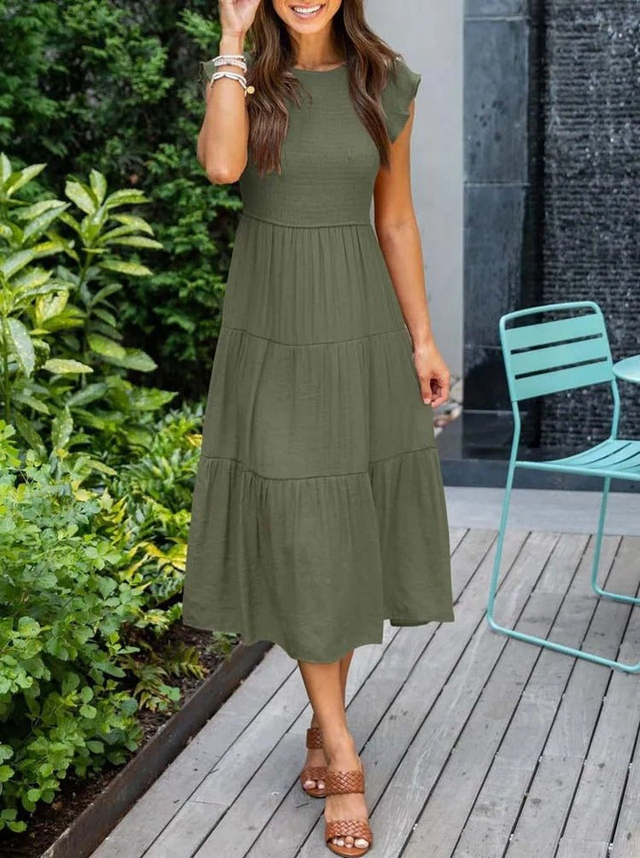Women's Midi Dress - A-Line Silhouette - Smocked Bodice - Ruffled Short Sleeves - Tiered Skirt