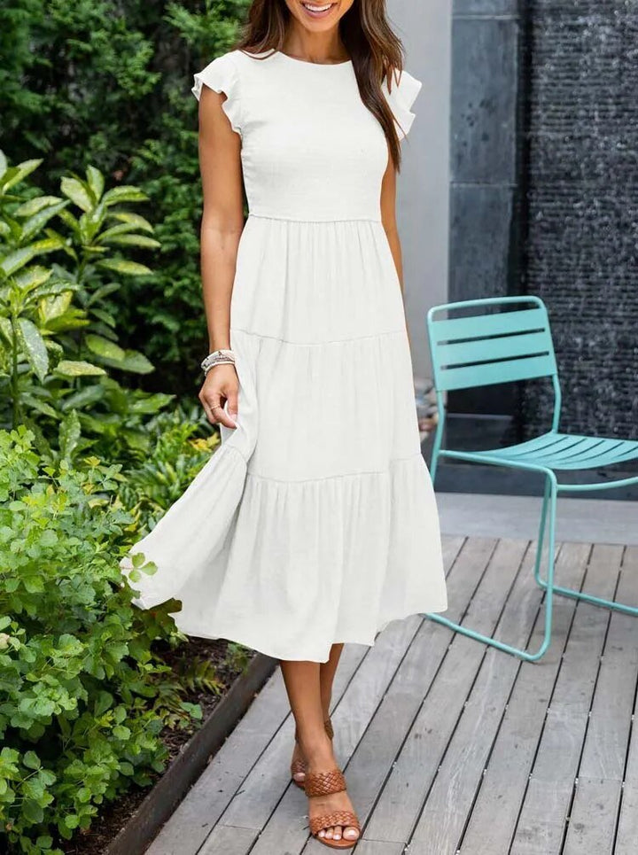 Women's Midi Dress - A-Line Silhouette - Smocked Bodice - Ruffled Short Sleeves - Tiered Skirt