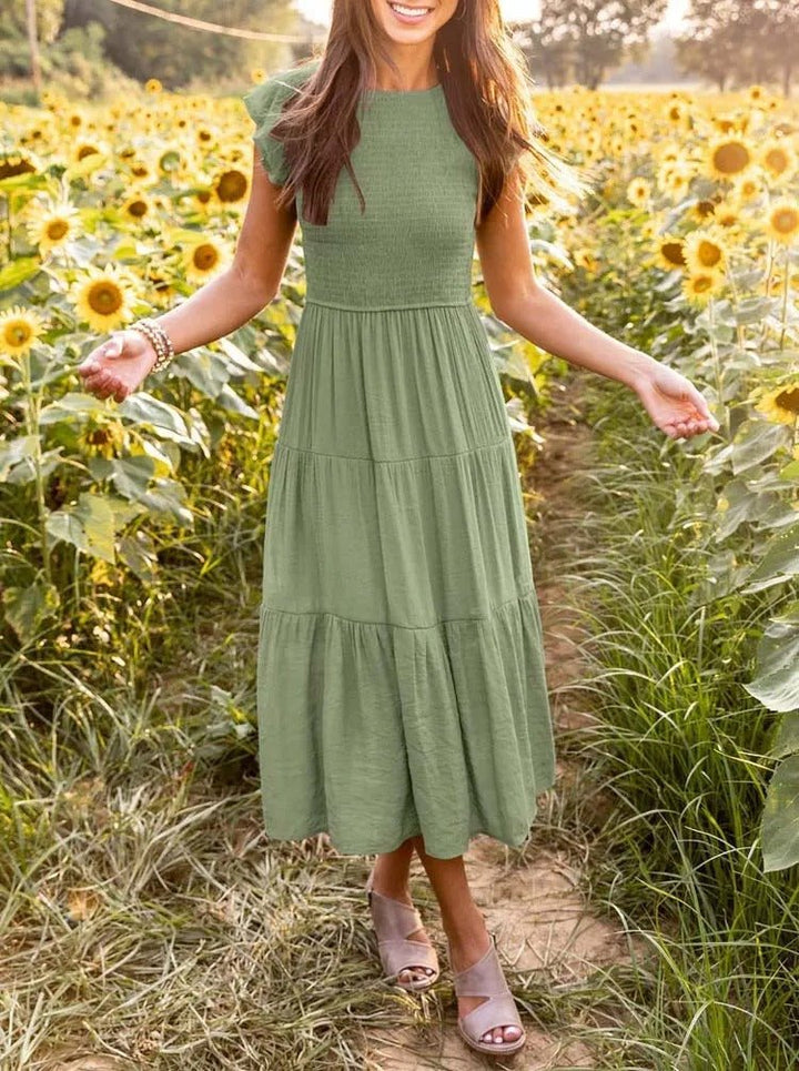Women's Midi Dress - A-Line Silhouette - Smocked Bodice - Ruffled Short Sleeves - Tiered Skirt