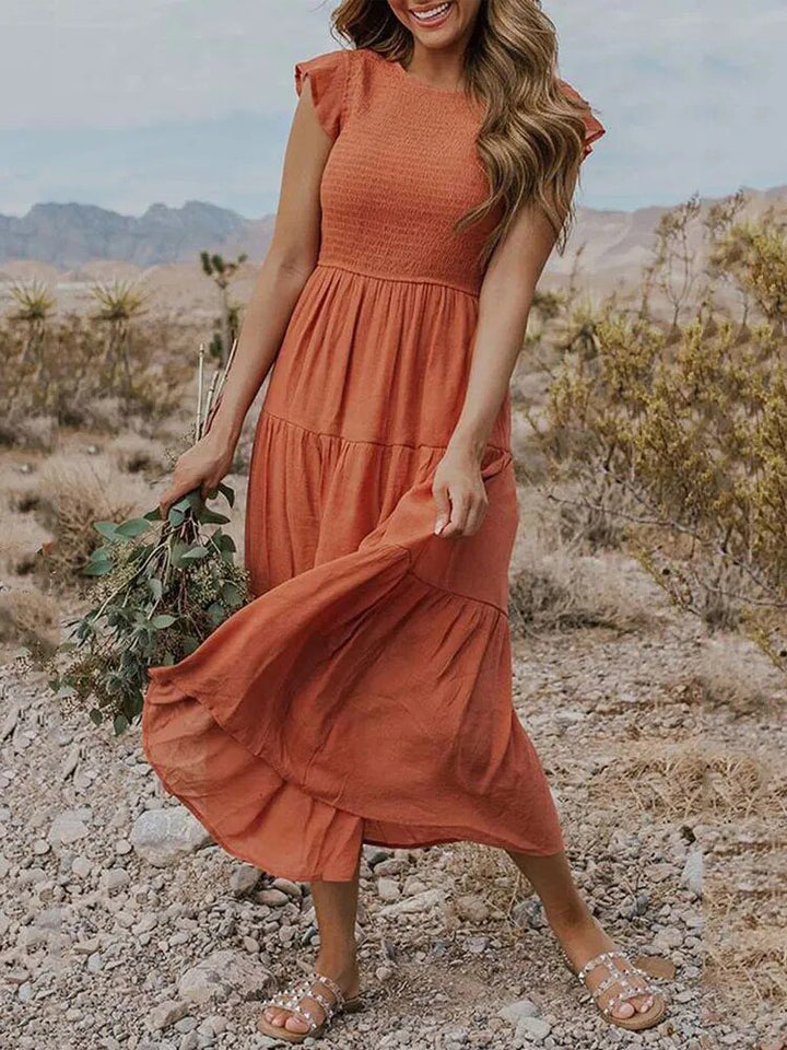 Women's Midi Dress - A-Line Silhouette - Smocked Bodice - Ruffled Short Sleeves - Tiered Skirt