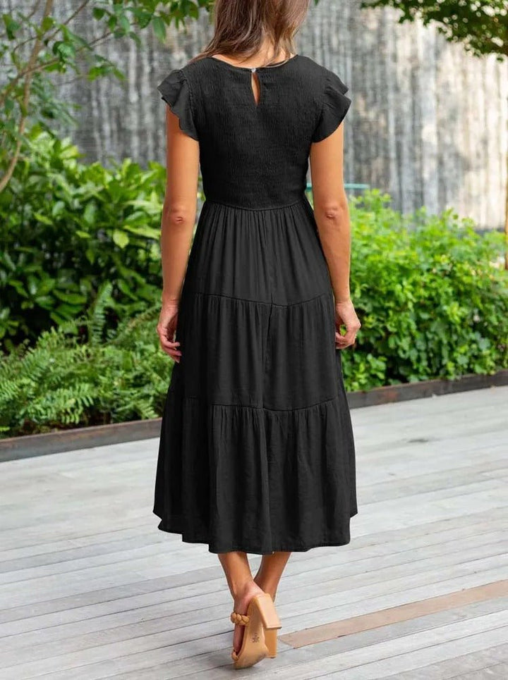 Women's Midi Dress - A-Line Silhouette - Smocked Bodice - Ruffled Short Sleeves - Tiered Skirt