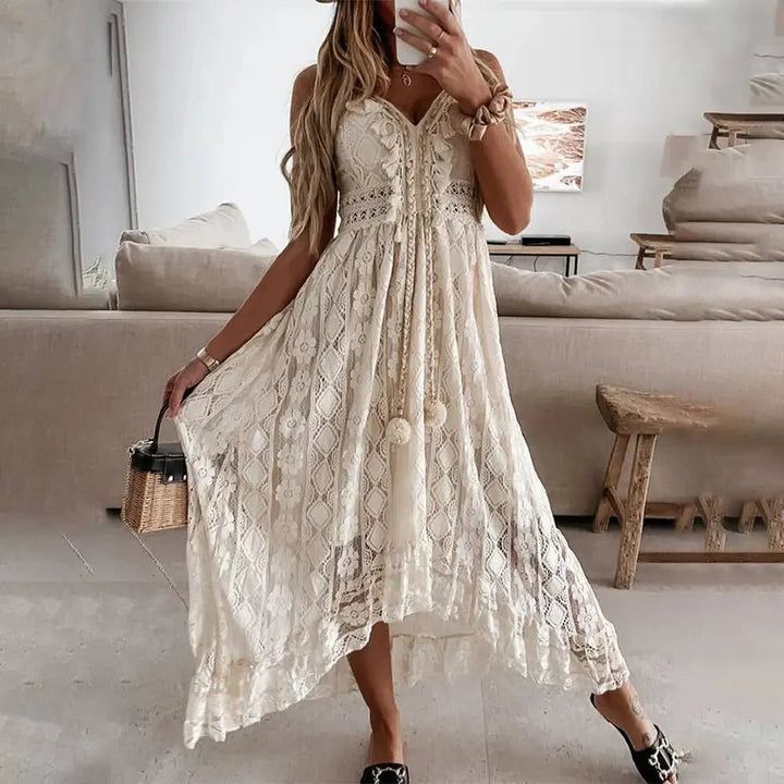 Women's Lace Maxi Dress - Spaghetti Strap - Empire Waist - Boho Flowy Elegant