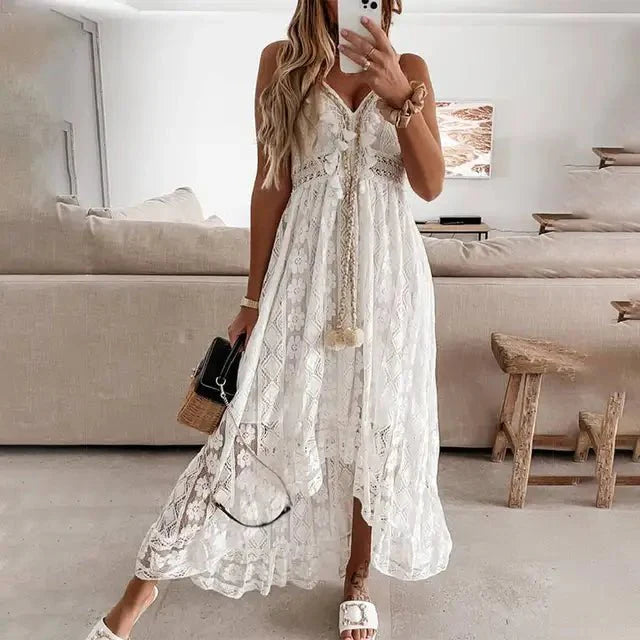 Women's Lace Maxi Dress - Spaghetti Strap - Empire Waist - Boho Flowy Elegant