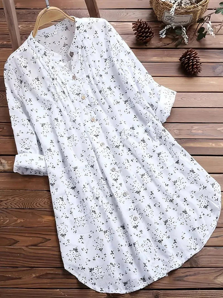 Women’s Tunic Shirt - Floral Print - Long Sleeve Button-Down - Loose Fit Casual Wear