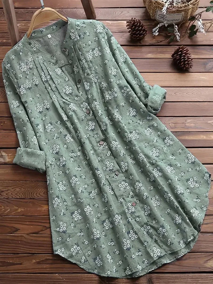 Women’s Tunic Shirt - Floral Print - Long Sleeve Button-Down - Loose Fit Casual Wear
