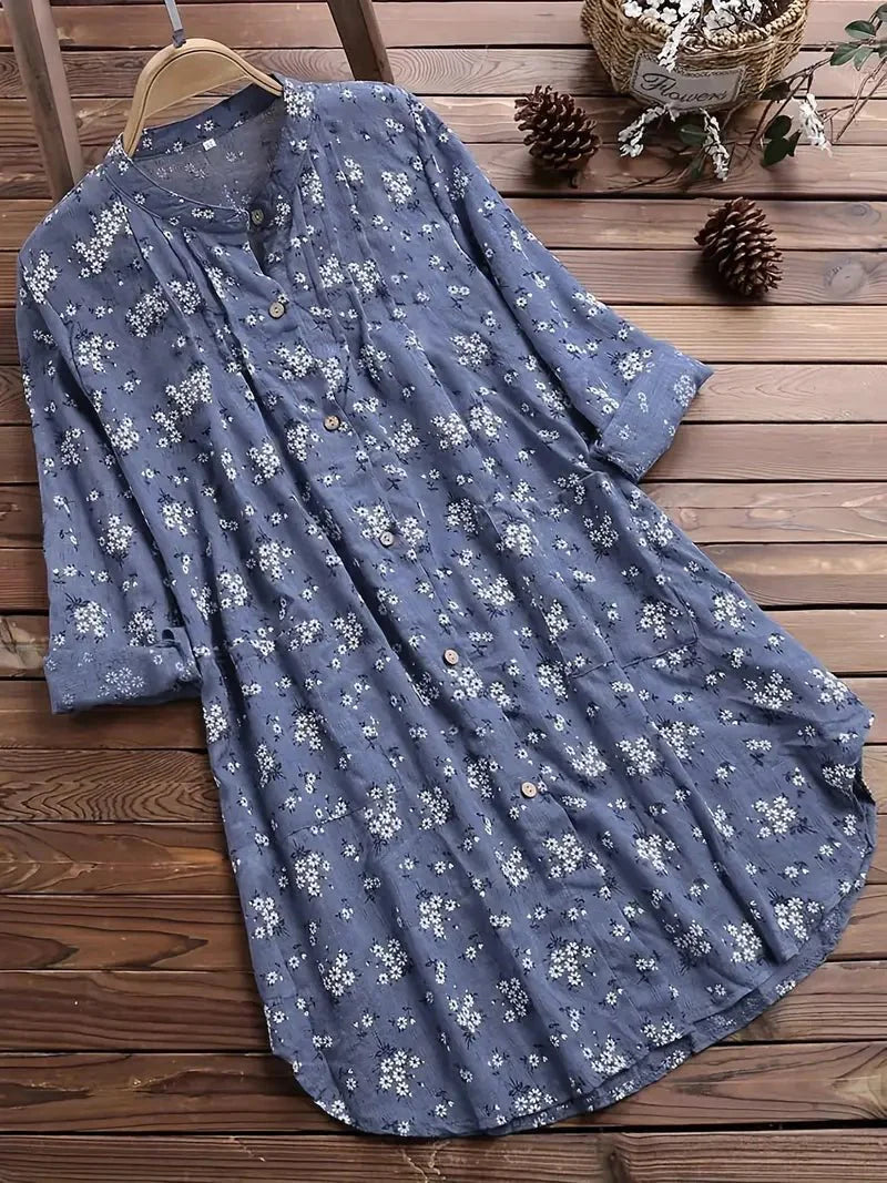 Women’s Tunic Shirt - Floral Print - Long Sleeve Button-Down - Loose Fit Casual Wear