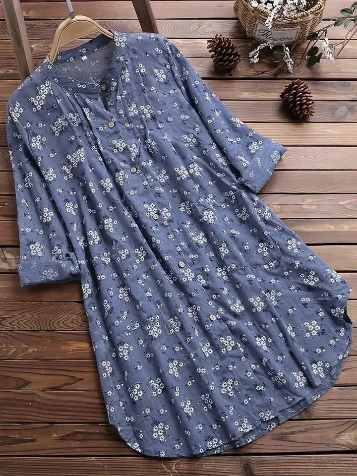 Women’s Tunic Shirt - Floral Print - Long Sleeve Button-Down - Loose Fit Casual Wear