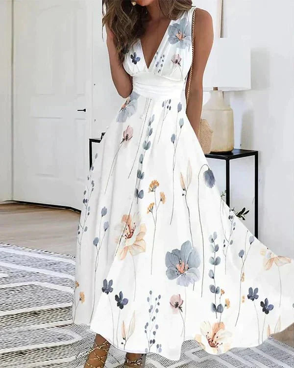 Women's Maxi Dress - V-Neck A-Line - Flowing Lightweight Fabric - Floral Pattern