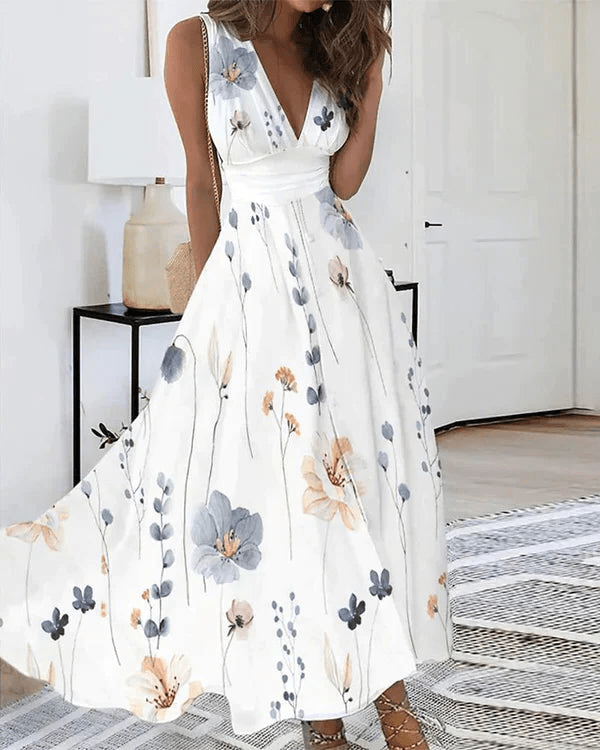 Women's Maxi Dress - V-Neck A-Line - Flowing Lightweight Fabric - Floral Pattern